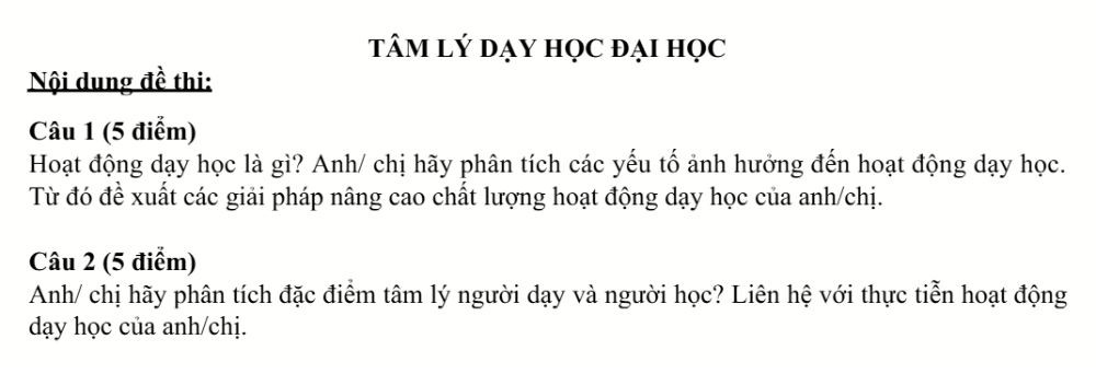 Đề thi môn Tâm lý dạy học đại học