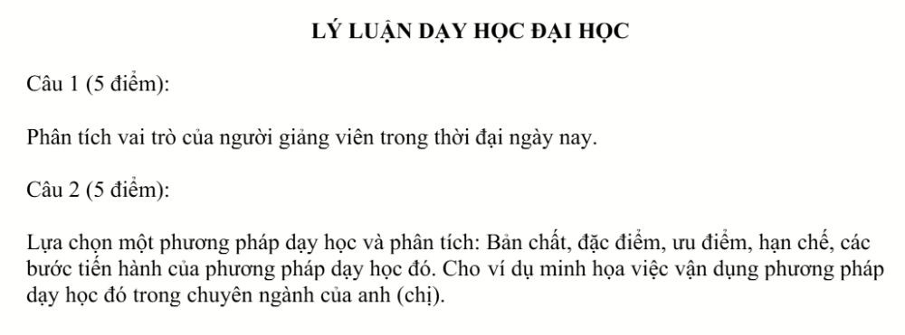 Đề thi môn Lý luận dạy học đại học