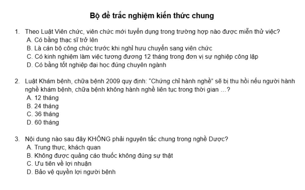 Bộ đề trắc nghiệm kiến thức chung