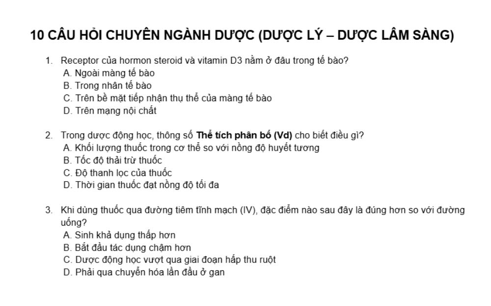 Bộ câu hỏi chuyên ngành dược (Dược lý - Dược lâm sàng)