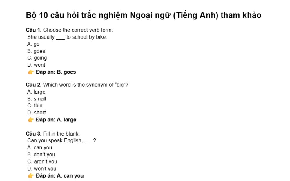 Đề thi trắc nghiệm môn ngoại ngữ