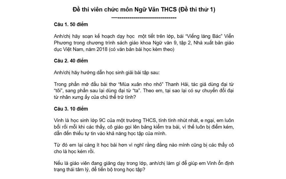 Đề thi viên chức môn Ngữ văn THCS số 1
