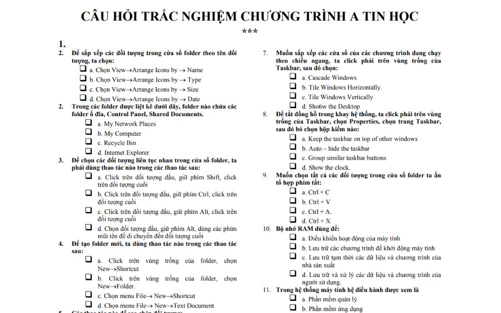 Ngân hàng câu hỏi trắc nghiệm Tin học THCS