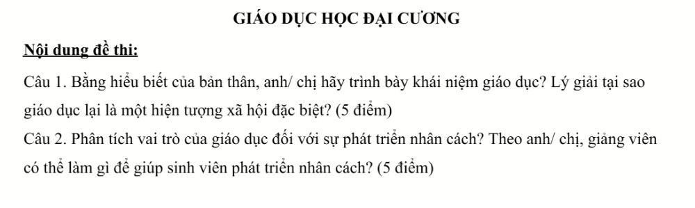 Đề thi môn Giáo dục học đại cương