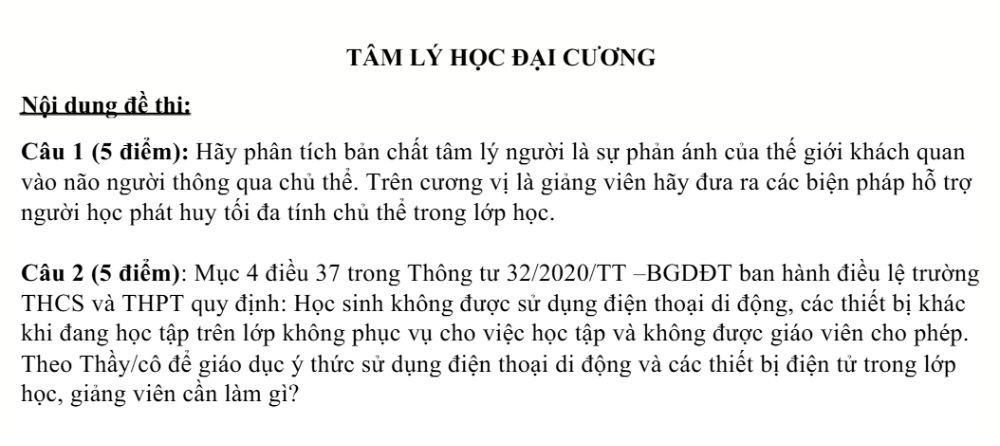 Đề thi môn Tâm lý học đại cương