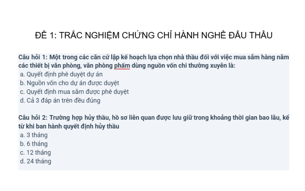 Đề thi trắc nghiệm lý thuyết Luật Đấu thầu