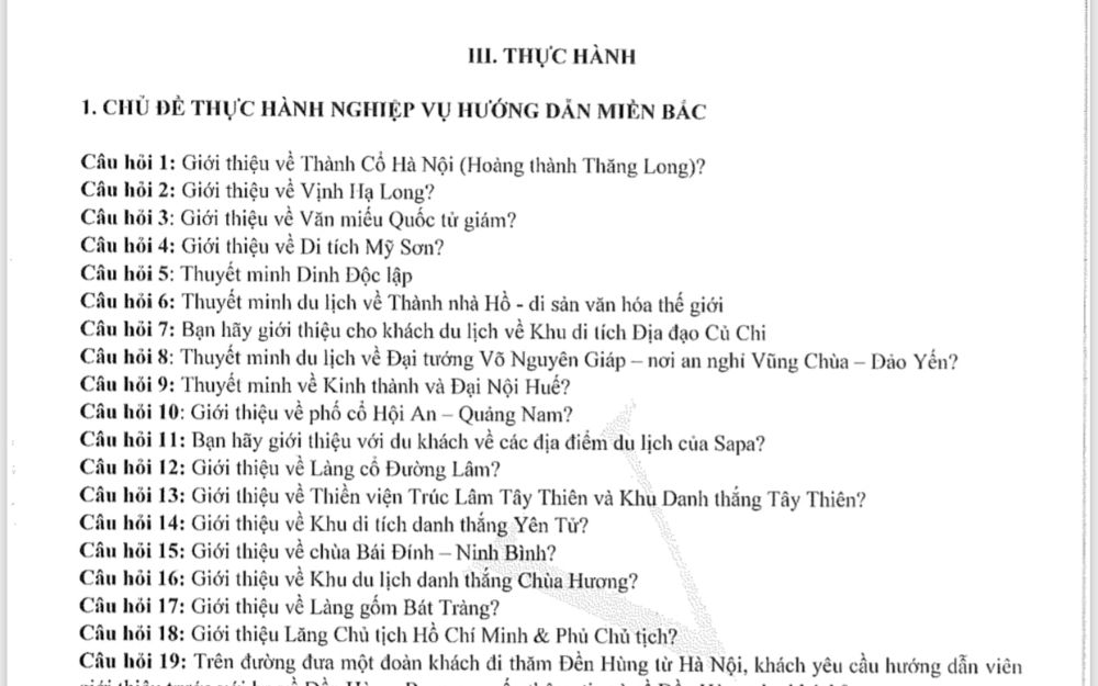ĐỀ THI THỰC HÀNH HDV DU LỊCH