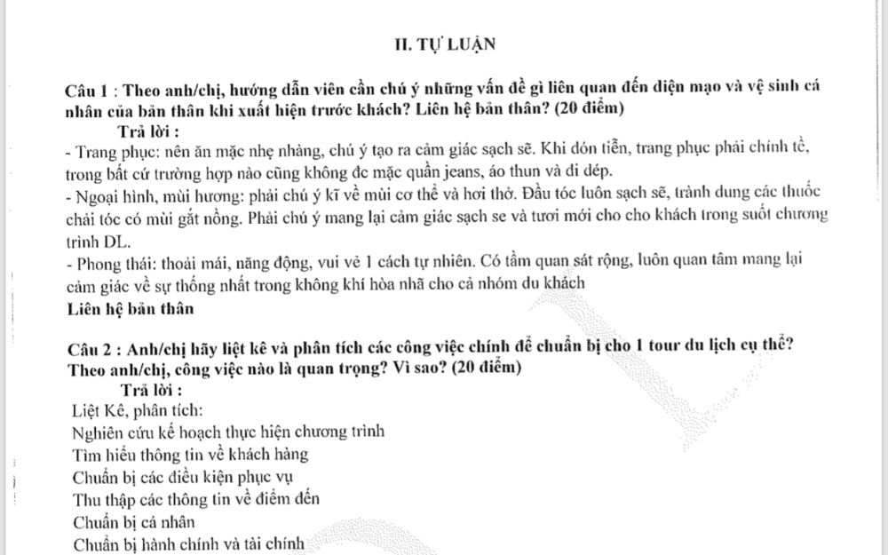 ĐỀ THI TỰ LUẬN HDV DU LỊCH