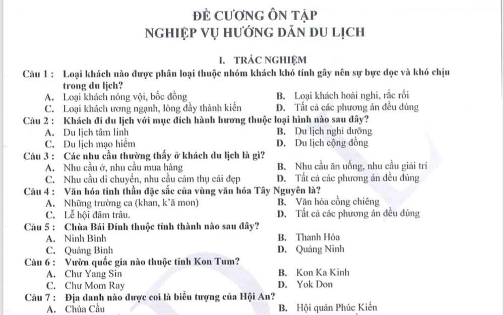 ĐỀ THI TRẮC NGHIỆM HDV DU LỊCH